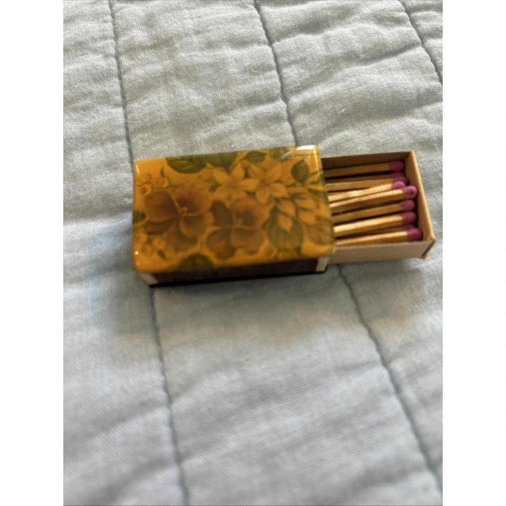 Vintage Match Box Floral Top Gold-tone Box with Match Strike Unique Whimsy